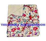 Queen sari kantha quilt in Beige indian kantha blanket-Jaipur Handloom