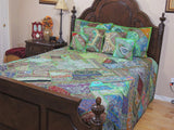 Queen size Green Indian Patchwork Bedding Set with Matching Pillows Shams-Jaipur Handloom