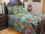 Queen size Green Indian Patchwork Bedding Set with Matching Pillows Shams-Jaipur Handloom