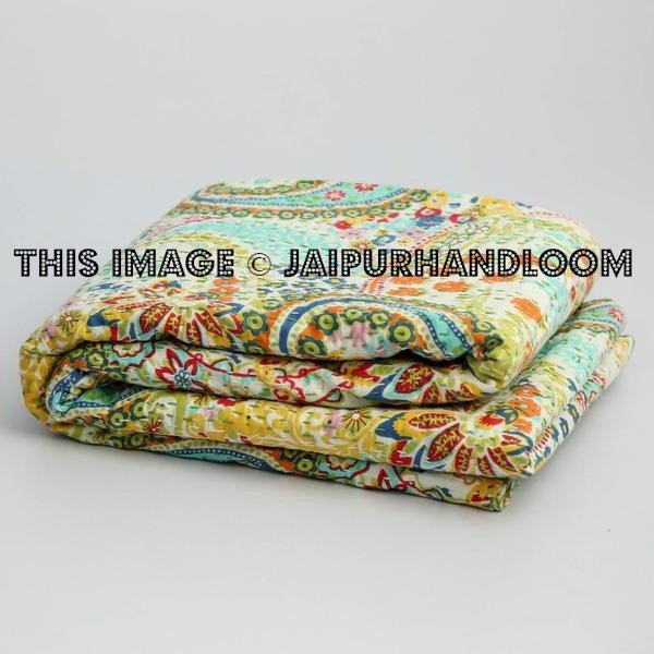 Quilted Paisley Kantha Throw Queen Kantha Bedding Bedspread-Jaipur Handloom