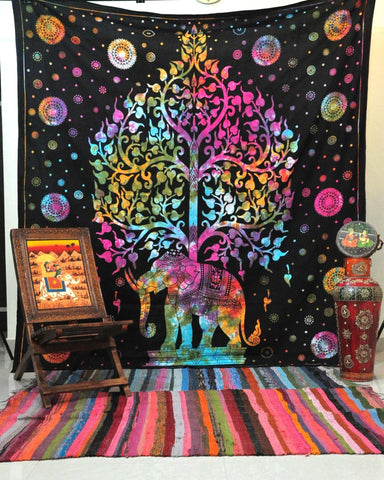 Rainbow Elephant tree tie dye tapestry handmade tie dye tapestry-Jaipur Handloom