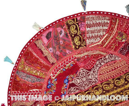 Red 17" Patchwork Round Floor Pillow Cushion Red round embroidered Bohemian Patchwork floor cushion pouf Vintage Indian Foot Stool ottoman-Jaipur Handloom