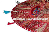 Red 17" Patchwork Round Floor Pillow Cushion Red round embroidered Bohemian Patchwork floor cushion pouf Vintage Indian Foot Stool ottoman-Jaipur Handloom