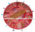Red 17" Patchwork Round Floor Pillow Cushion Red round embroidered Bohemian Patchwork floor cushion pouf Vintage Indian Foot Stool ottoman-Jaipur Handloom