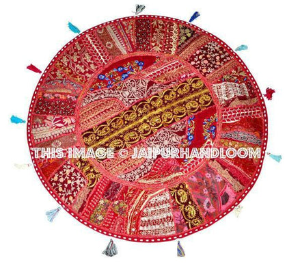 Red 17" Patchwork Round Floor Pillow Cushion Red round embroidered Bohemian Patchwork floor cushion pouf Vintage Indian Foot Stool ottoman-Jaipur Handloom