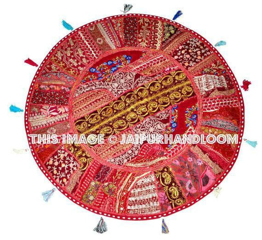 Red 17" Patchwork Round Floor Pillow Cushion Red round embroidered Bohemian Patchwork floor cushion pouf Vintage Indian Foot Stool ottoman-Jaipur Handloom