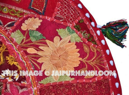 Red 22" Decorative Round Floor Pillow Cushion round embroidered Bohemian Patchwork floor cushion pouf Vintage Indian Foot Stool Bean Bag-Jaipur Handloom