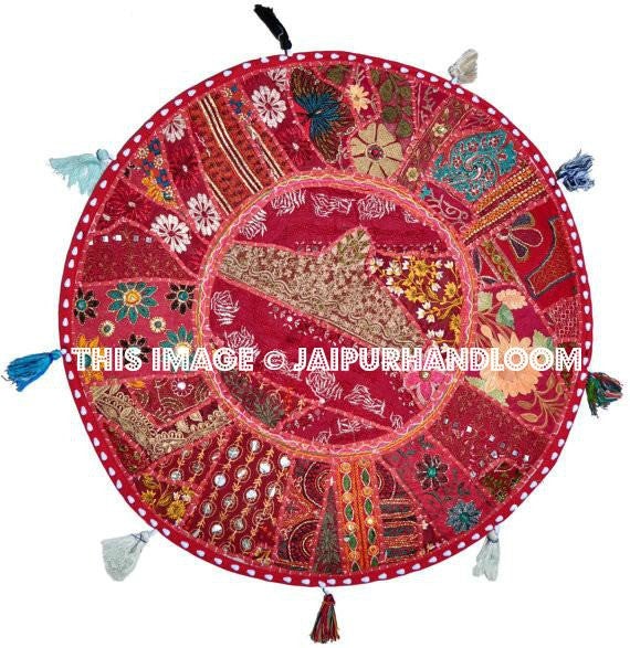 Red 22" Decorative Round Floor Pillow Cushion round embroidered Bohemian Patchwork floor cushion pouf Vintage Indian Foot Stool Bean Bag-Jaipur Handloom