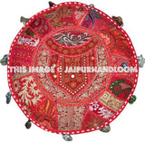 Red Bohemian pouf Ottoman Embroidered Footstool pouffe-Jaipur Handloom
