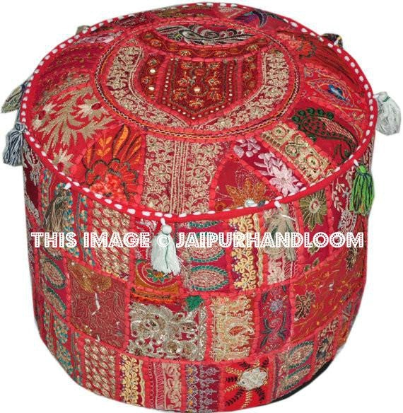 Red Bohemian pouf Ottoman Embroidered Footstool pouffe-Jaipur Handloom