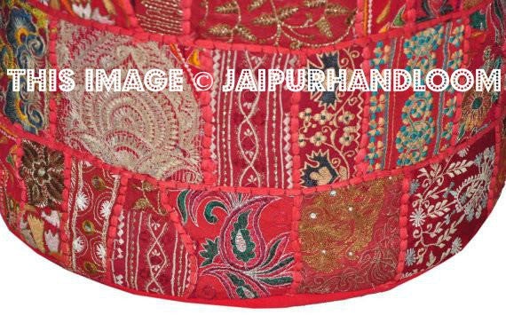 Red Bohemian pouf Ottoman Embroidered Footstool pouffe-Jaipur Handloom