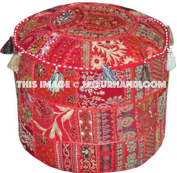 Red Bohemian pouf Ottoman Embroidered Footstool pouffe-Jaipur Handloom