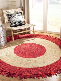Red Cotton Rag Rugs Round Rug with Tassels for Living Room, dining room Circle Rugs