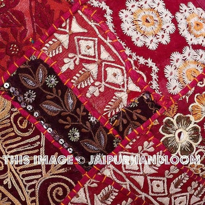 Red Embroidered Sofa Pillows in Square Shape Bohemian Patio Cushions-Jaipur Handloom