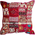 Red Embroidered Sofa Pillows in Square Shape Bohemian Patio Cushions-Jaipur Handloom