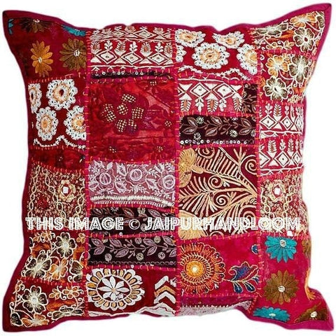 Red Embroidered Sofa Pillows in Square Shape Bohemian Patio Cushions-Jaipur Handloom
