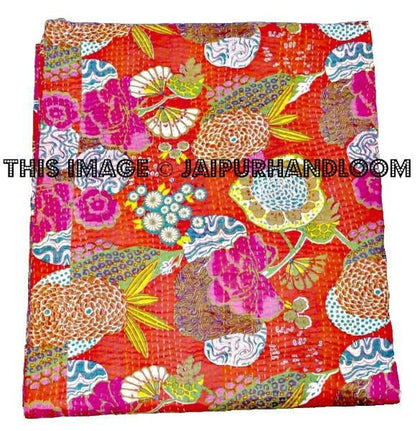 Red Kantha Quilt Queen Floral Kantha throw Blanket Bedding-Jaipur Handloom