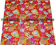 Red Kantha Quilt Queen Floral Kantha throw Blanket Bedding-Jaipur Handloom