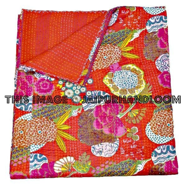 Red Kantha Quilt Queen Floral Kantha throw Blanket Bedding-Jaipur Handloom