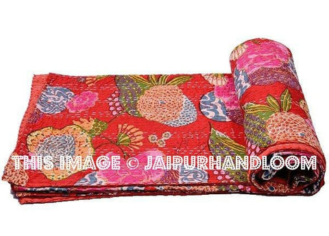 Red Kantha Quilt Queen Floral Kantha throw Blanket Bedding-Jaipur Handloom