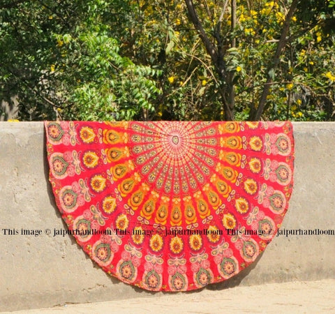 Red Mandala Round Wall Hanging Bohemian Wall Tapestries Soft Round Beach Towels-Jaipur Handloom