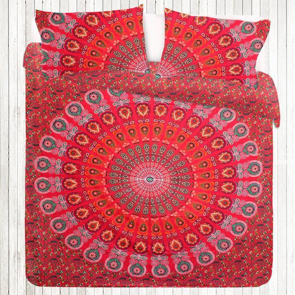 Red Plum and Bow Medallion Duvet Covers Boho Duvet Cover Set with Pillows-Jaipur Handloom