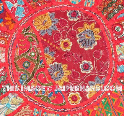 Red XL 32" Bohemian Patchwork floor cushion Big Round Floor Pillow Cushion round seating pouf Vintage Indian Foot Stool Bean Bag-Jaipur Handloom