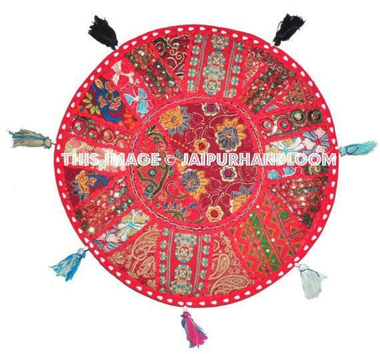 Red XL 32" Bohemian Patchwork floor cushion Big Round Floor Pillow Cushion round seating pouf Vintage Indian Foot Stool Bean Bag-Jaipur Handloom