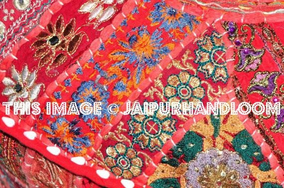Red pouf Ottoman Maroon Embroidered pouf Footstool-Jaipur Handloom