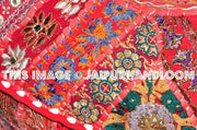 Red pouf Ottoman Maroon Embroidered pouf Footstool-Jaipur Handloom