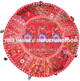 Red pouf Ottoman Maroon Embroidered pouf Footstool-Jaipur Handloom