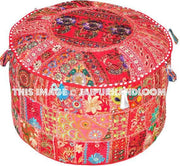 Red pouf Ottoman Maroon Embroidered pouf Footstool-Jaipur Handloom