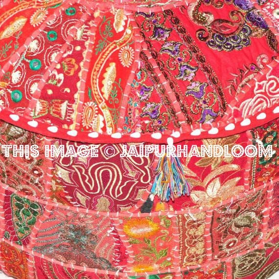 Red pouf Ottoman Maroon Embroidered pouf Footstool-Jaipur Handloom