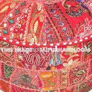 Red pouf Ottoman Maroon Embroidered pouf Footstool-Jaipur Handloom