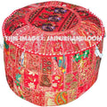 Red pouf Ottoman Maroon Embroidered pouf Footstool-Jaipur Handloom