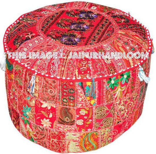 Red pouf Ottoman Maroon Embroidered pouf Footstool-Jaipur Handloom