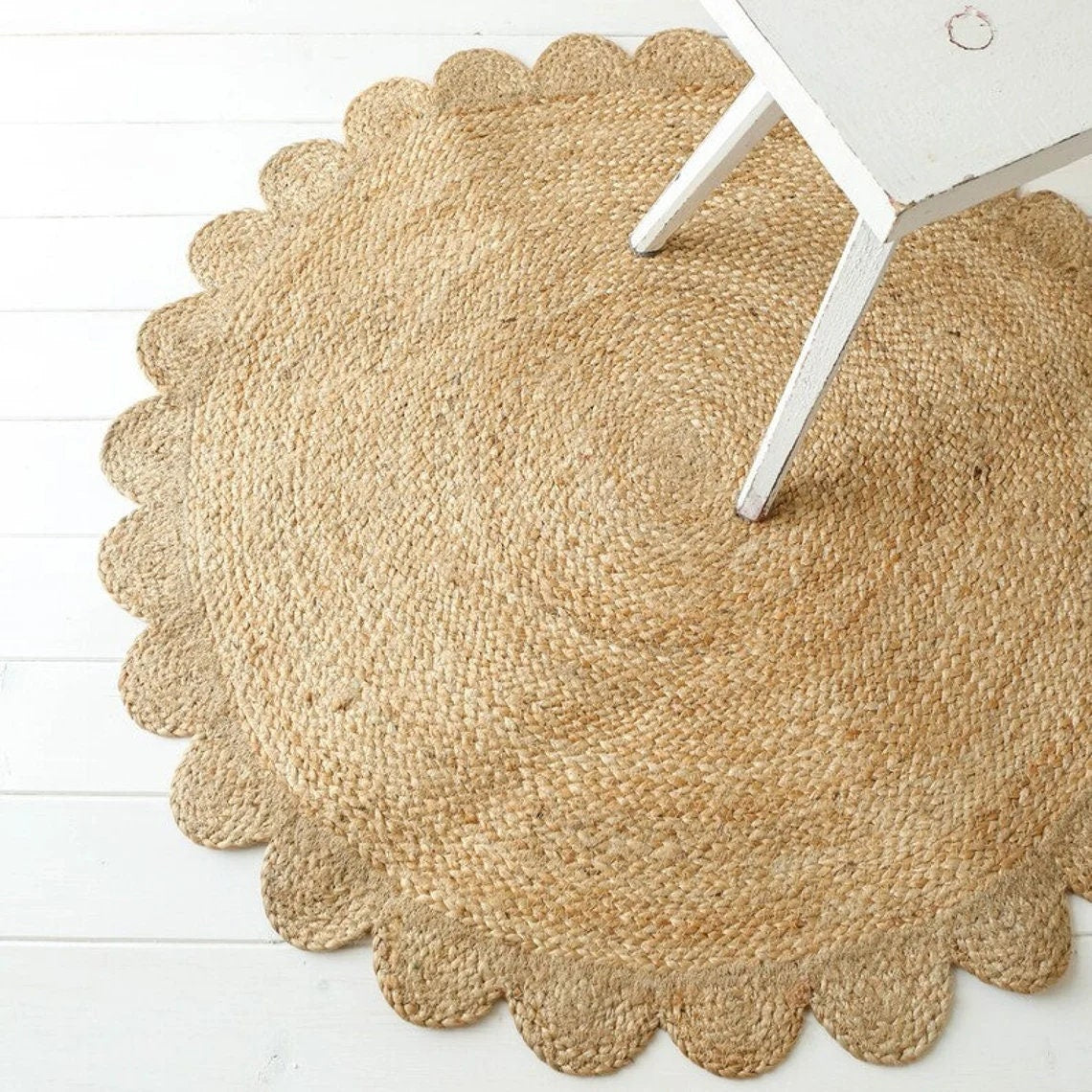 Round Jute Scallop Braided Handmade Boho Chic Rug, Customize Size & Shape.