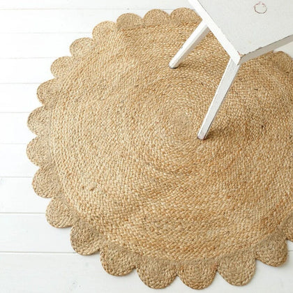 Round Jute Scallop Braided Handmade Boho Chic Rug, Customize Size & Shape.