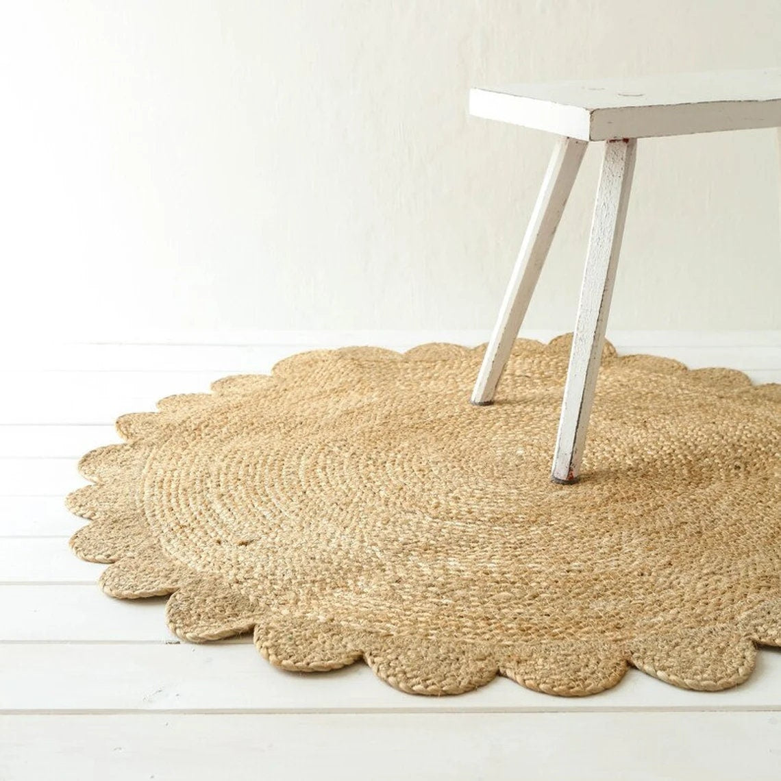 Round Jute Scallop Braided Handmade Boho Chic Rug, Customize Size & Shape.