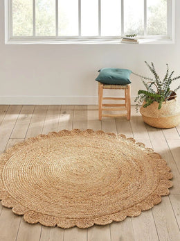 Round Jute Scalloped Rug, Bohemian Rug, Round Jute Rug, Boho Decor Area Rug