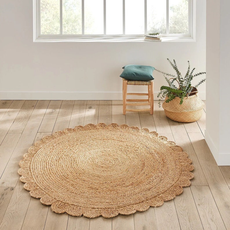 Yute Round Rug Round Jute Scalloped Rug, Bohemian Rug, Round Jute Rug, Boho Area Rug