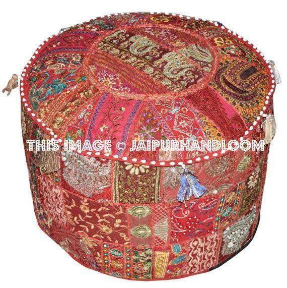 Round Ottoman Pouf in Burgundy decorative pouffe pouffes-Jaipur Handloom