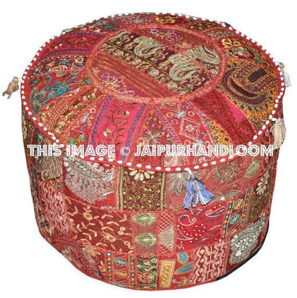 Round Ottoman Pouf in Burgundy decorative pouffe pouffes-Jaipur Handloom