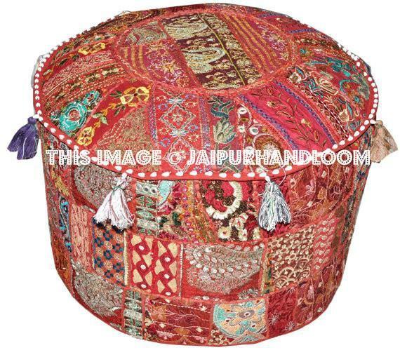 Round Ottoman Pouf in Burgundy decorative pouffe pouffes-Jaipur Handloom