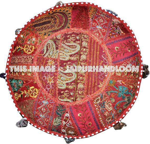 Round Ottoman Pouf in Burgundy decorative pouffe pouffes-Jaipur Handloom