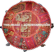 Round Ottoman Pouf in Burgundy decorative pouffe pouffes-Jaipur Handloom