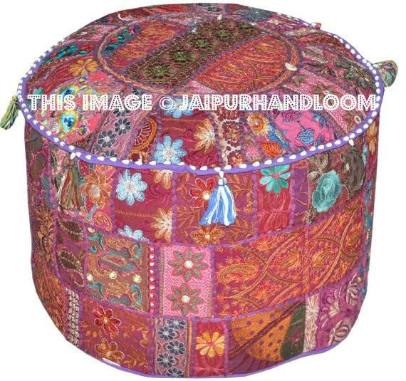 Round Ottoman Pouf in Purple stool chair pouffe pouffes-Jaipur Handloom