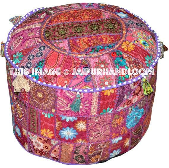 Round Ottoman Pouf in Purple stool chair pouffe pouffes-Jaipur Handloom