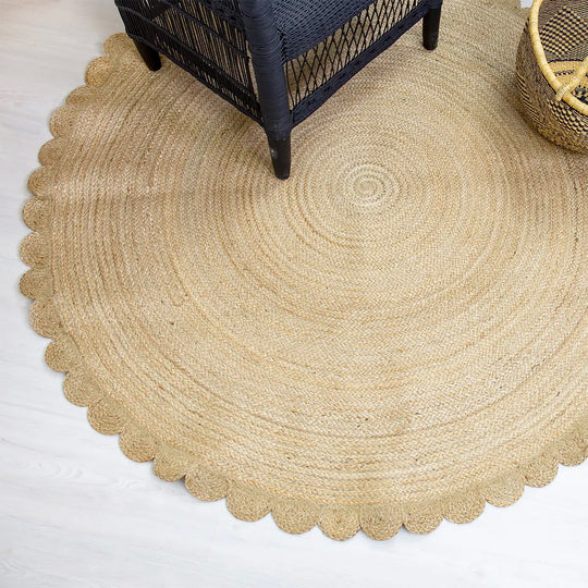 Round Scalloped Jute Rug, Jute Scallop Boho Decor Handmade Rug