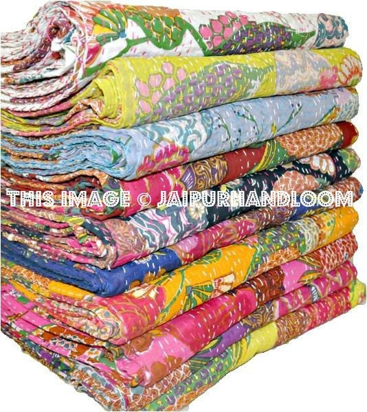 SET of 10 Kantha Quilts, Wholesale Set of 10 Floral Kantha Blanket, Twin Kantha Throw, Decorative Curtains in Floral Pattern-Jaipur Handloom